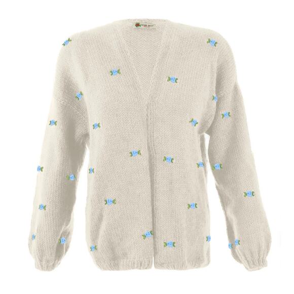 Fanm mon Sweaters - Fanm Mon Winter Bloom Blue Rose Cotton Cardigan Handmade New size XS/S Ivory